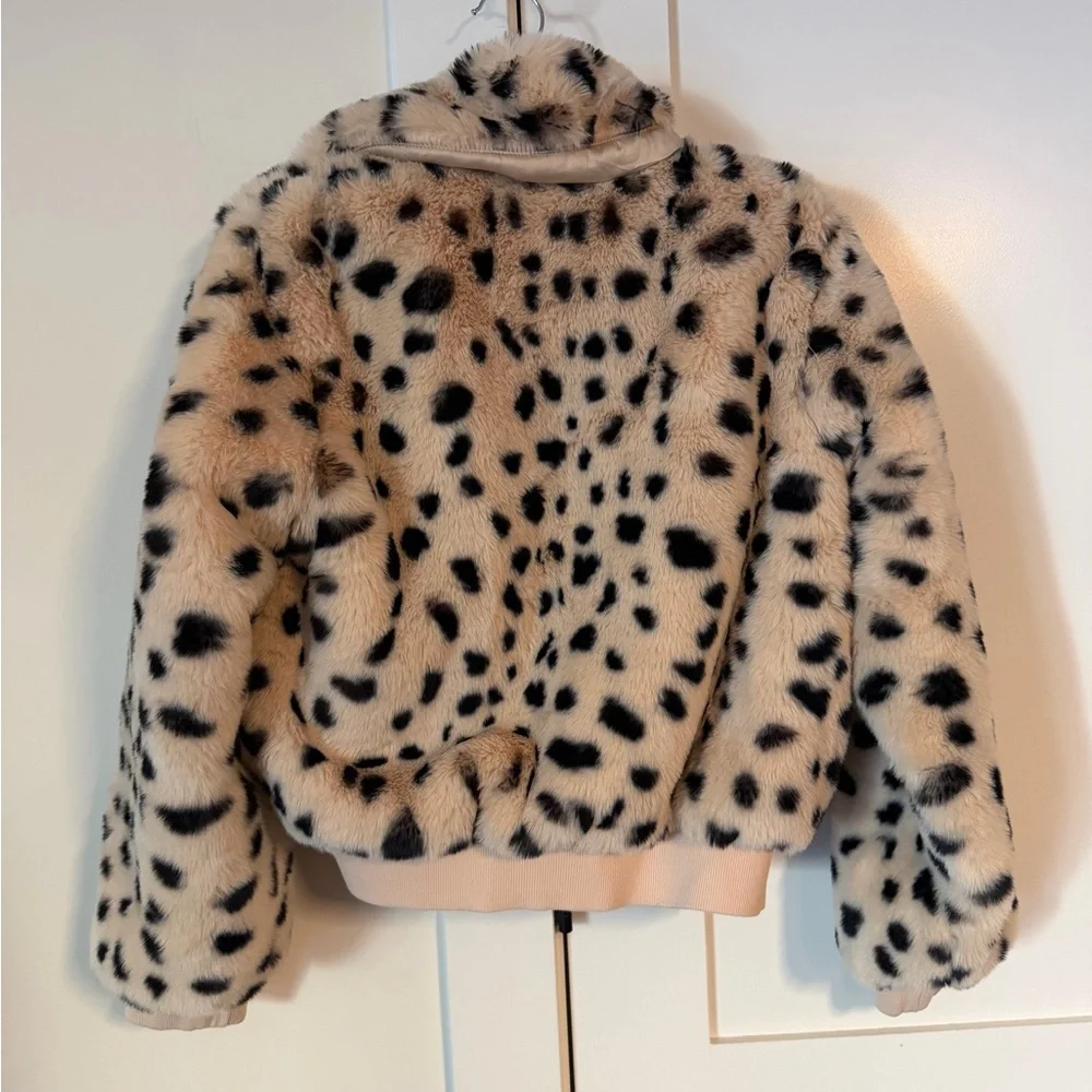 LULUS Faux Real Ivory Dot Print Fur Bomber Jacket Size Small EUC Y2K mob wife